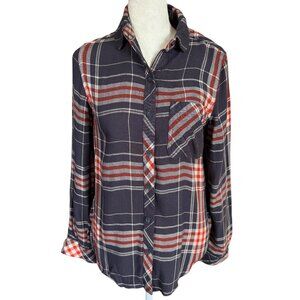 Beachlunchlounge Collection black and burnt orange plaid long sleeve shirt XS